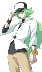 Rule 34 | 1boy, absurdres, arm at side, asamaru1225, bangle, black hat, blush, bracelet, closed mouth, collared shirt, cowboy shot, creatures (company), game freak, green eyes, green hair, hair between eyes, hand on headwear, hand up, hat, highres, jewelry, long hair, looking to the side, male focus, n (pokemon), necklace, nintendo, pants, pokemon, pokemon bw, shirt, simple background, sketch, split mouth, undershirt, white background, white shirt