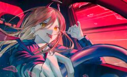 Rule 34 | 1girl, :p, absurdres, blonde hair, candy, car, car interior, chainsaw man, commentary, driving, food, hair between eyes, han seol, highres, holding, holding candy, holding food, holding lollipop, horns, lollipop, long hair, long sleeves, looking at viewer, motor vehicle, power (chainsaw man), sharp teeth, sitting, solo, steering wheel, symbol-only commentary, teeth, tongue, tongue out, yellow eyes