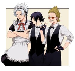 Rule 34 | 3boys, apron, bags under eyes, black bow, black bowtie, black dress, black gloves, black hair, black ribbon, black vest, blonde hair, blue eyes, boku no hero academia, border, bow, bowtie, crossdressing, crossed arms, dress, eraser head (boku no hero academia), fingerless gloves, fingernails, gloves, grin, hand on own hip, hands in pockets, highres, looking at viewer, looking to the side, loud cloud, maid headdress, male focus, multiple boys, one eye closed, present mic, red ribbon, ribbon, rnuyvm, shirt, short ponytail, sleeves past elbows, smile, v, vest, waist apron, waiter, waitress, white apron, white border, white hair, white shirt