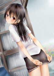 Rule 34 | 1girl, akino shuu, artist name, black hair, covering privates, covering ass, cowboy shot, flower, from behind, iroha kaede, long hair, looking at viewer, looking back, original, pleated skirt, rain, red eyes, school uniform, short hair, skirt, solo, water, wet, wet clothes