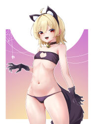 1girl absurdres ahoge animal_ears animal_hands bare_shoulders bell black_bra black_panties blonde_hair bra collar collarbone dinergate_(girls&#039;_frontline) fake_animal_ears fake_tail fang flat_chest girls&#039;_frontline hair_between_eyes halloween highres looking_at_viewer medium_hair meme_attire nagant_revolver_(girls&#039;_frontline) navel neck_bell panties petite red_eyes ribs shenqi_xiaohuang solo tail underwear wolf_ears wolf_tail