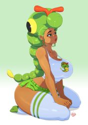 Rule 34 | 1girl, arthropod girl, breasts, caterpie, creatures (company), dark-skinned female, dark skin, female focus, game freak, gen 1 pokemon, green eyes, highres, humanization, large breasts, multicolored hair, nintendo, personification, pokemon, pokemon (creature), solo, thick thighs, thighhighs, thighs, tovio rogers, white hair