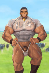 Rule 34 | 1boy, absurdres, alternate pectoral size, animal print, bar censor, bara, beard, bell, black hair, blush, buzz cut, censored, chastity, chastity cage, chest harness, covered abs, covered erect nipples, cow boy, cow print, facial hair, feet out of frame, flaccid, fundoshi, golden kamuy, hairy, harness, highres, japanese clothes, large pectorals, leg hair, long sideburns, male focus, male pubic hair, mature male, muscular, muscular male, navel hair, neck bell, no pants, pectorals, penis, penis peek, pubic hair, see-through, shirt, short hair, sideburns, solo, stubble, tanigaki genjirou, testicles, thick eyebrows, thick thighs, thighs, tight clothes, tight shirt, very short hair, wet, wet clothes, wet shirt, white shirt, xianyusamuel