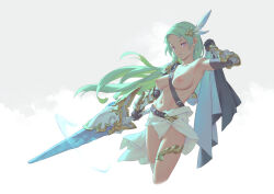 Rule 34 | 1girl, bigrbear, black gloves, breasts, commentary request, gauntlets, gloves, green hair, grey background, holding, holding sword, holding weapon, large breasts, long hair, looking at viewer, navel, nipples, original, pink eyes, solo, sword, thighs, weapon