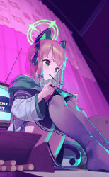 Rule 34 | 1girl, absurdres, animal ear headphones, animal ears, blue archive, blush, cat ear headphones, controller, curtains, dot nose, fake animal ears, food, food in mouth, game controller, halo, handheld game console, headphones, highres, holding, holding handheld game console, jacket, limited palette, low-tied sidelocks, midori (blue archive), neon palette, nintendo switch, playing games, pocky, pocky in mouth, siro joon, sitting, solo, tail, television