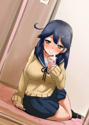 Rule 34 | 1girl, ahoge, alternate costume, arm support, ayuayu (shouyu no sato), black ribbon, blue hair, blush, breasts, camera flash, cellphone, closed mouth, indoors, kantai collection, large breasts, lips, long hair, looking at viewer, lying, mirror, no shoes, on side, phone, ribbon, rug, school uniform, selfie, skirt, smartphone, smile, socks, solo, sticker, thighs, ushio (kancolle)