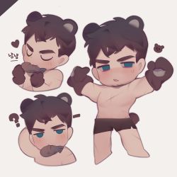 Rule 34 | 1boy, ?, animal ears, ardbert hylfyst, arm behind head, arms at sides, bara, bear boy, bear ears, bear paws, black male underwear, blush, boxers, chibi, collage, cropped legs, cropped torso, dolphin shorts, eating, facial hair, final fantasy, final fantasy xiv, fish in mouth, goatee, green eyes, heart, looking at viewer, male focus, male underwear, mature male, mouth hold, muscular, muscular male, pasang, pectorals, scar, scar on chest, short hair, shorts, sideburns, staring, stuffed animal, stuffed toy, sweatdrop, teddy bear, thick eyebrows, topless male, underwear, underwear only