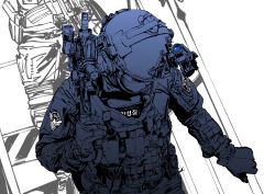 Rule 34 | 1boy, absurdres, alatchenkov, army, assault rifle, bad id, bad twitter id, bulletproof vest, colt 9mm smg, gloves, gun, helmet, highres, holding, holding weapon, korean text, laser sight, long sleeves, male focus, mask, military, military uniform, monochrome, night-vision device, original, rifle, scope, simple background, solo, stairs, uniform, weapon