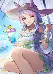 Rule 34 | 1girl, absurdres, arm garter, bare shoulders, beach, beach umbrella, breasts, cloud, cup, dress, ears through headwear, feet out of frame, hands up, hat, highres, holding, holding cup, holding spoon, horse girl, jewelry, long hair, looking at viewer, low twintails, mejiro mcqueen (ripple fairlady) (umamusume), mejiro mcqueen (umamusume), necklace, one eye closed, open mouth, outdoors, purple eyes, purple hair, sand, shino sto, sitting, sleeveless, sleeveless dress, small breasts, smile, solo, spoon, sun hat, thighs, twintails, umamusume, umbrella, water, white dress, yokozuwari