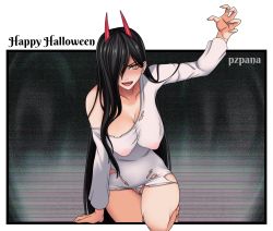Rule 34 | 1girl, absurdres, alternate costume, armpits, bare shoulders, black hair, blush, breasts, chainsaw man, cleavage, collarbone, cosplay, covered navel, cross-shaped pupils, demon horns, groin, hair between eyes, highres, horns, large breasts, long hair, looking at viewer, open mouth, power (chainsaw man), pzpana, red horns, sharp teeth, smile, solo, swimsuit, symbol-shaped pupils, teeth, the ring, thick thighs, thighs, yamamura sadako (cosplay), yellow eyes