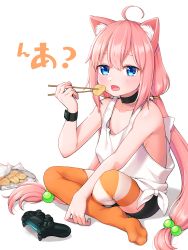 Rule 34 | 1girl, animal ears, asymmetrical legwear, bike shorts, black choker, blue eyes, blush, cat ears, chips (food), choker, chopsticks, collarbone, commentary request, controller, dualshock, fang, food, game controller, gamepad, hair between eyes, hair bobbles, hair ornament, highres, hinata channel, indian style, long hair, looking at viewer, low twintails, mismatched legwear, nekomiya hinata, open mouth, orange legwear, pink hair, playstation controller, simple background, sitting, sleeveless, solo, striped clothes, striped legwear, striped thighhighs, tank top, thighhighs, tomozu, twintails, very long hair, virtual youtuber, white background, white tank top