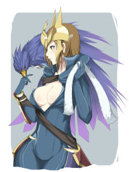 Rule 34 | 1girl, animal, animal on shoulder, armor, bird, bird on shoulder, bodysuit, breasts, brown eyes, brown hair, cleavage, faulds, forehead protector, highres, kumiko shiba, large breasts, league of legends, quinn (league of legends), scarf, short hair, valor (league of legends), vambraces