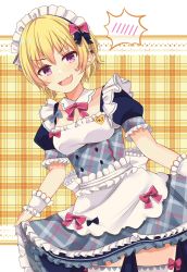 Rule 34 | 1girl, :d, amidada, apron, black bow, blonde hair, blush, bow, bowtie, breasts, cleavage, collarbone, cowboy shot, detached collar, dress, fang, frilled cuffs, frilled dress, frills, hair bow, headdress, highres, idolmaster, idolmaster shiny colors, looking at viewer, maid, maid apron, maid headdress, medium breasts, open mouth, plaid, plaid background, puffy short sleeves, puffy sleeves, purple eyes, red bow, saijo juri, short hair, short sleeves, sidelocks, skirt hold, smile, solo, spoken blush, standing, sweat, thighhighs, underbust, v-shaped eyebrows, waist apron, white thighhighs, wrist cuffs