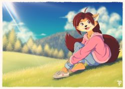 Rule 34 | 1girl, absurdres, ahoge, animal ears, animal nose, artist name, blue pants, blue sky, blurry, blurry background, body fur, border, borrowed character, braid, braided ponytail, brown hair, cloud, collarbone, commission, day, fangs, feet, female focus, fox-pop vli, fox ears, fox girl, fox tail, full body, furry, furry female, grass, hair intakes, happy, highres, hill, knees up, light rays, long hair, long sleeves, looking at viewer, on ground, open mouth, original, outdoors, pants, pants rolled up, parted bangs, pink sweater, purple eyes, retro artstyle, shoes, sidelocks, single braid, single shoe, sitting, sky, sleeves past wrists, smile, solo, sunlight, sweater, tail, tree, two-tone fur, watermark, white border, white footwear, white fur, yellow fur