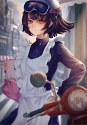 Rule 34 | 1girl, 569771181, apron, black hair, brown hair, city, closed mouth, frown, goggles, goggles on head, goggles on headwear, hand on own hip, helmet, highres, motor vehicle, motorcycle helmet, nonaka haru, scooter, vespa, yesterday wo utatte