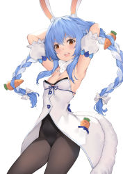 Rule 34 | 1girl, :d, animal ear fluff, animal ears, armpits, arms up, blue hair, blush, braid, breasts, brown eyes, carrot hair ornament, coat, food-themed hair ornament, fur scarf, hair ornament, highres, hololive, leotard, long hair, looking at viewer, multicolored hair, open mouth, pak ce, pantyhose, playboy bunny, rabbit ears, scarf, simple background, small breasts, smile, solo, teeth, thick eyebrows, twin braids, two-tone hair, upper teeth only, usada pekora, usada pekora (1st costume), virtual youtuber, white background, white coat, white hair