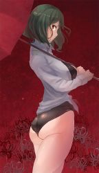 Rule 34 | 1girl, alternate costume, ass, black leotard, breasts, female focus, field, flower, flower field, green hair, kazami yuuka, kazo (kazozakazo), large breasts, leotard, long sleeves, looking at viewer, open clothes, open shirt, parasol, red eyes, shirt, silk, solo, spider lily, spider web, touhou, umbrella