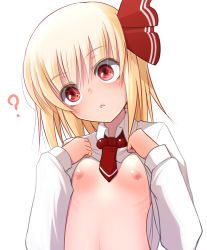 Rule 34 | 1girl, ?, blonde hair, breasts, clothes lift, doburoku (daiginjou), hair ornament, hair ribbon, head tilt, long sleeves, necktie, nipples, parted lips, red eyes, ribbon, rumia, shirt lift, short hair, simple background, small breasts, solo, touhou, upper body, white background