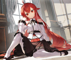 Rule 34 | 1girl, ahoge, bare shoulders, black skirt, closed mouth, commentary request, curtains, eris greyrat, hand up, highres, indoors, long hair, looking at viewer, mushoku tensei, off-shoulder shirt, off shoulder, pantyhose, red eyes, red hair, scottie (phantom2), shirt, sitting, skirt, solo, very long hair, white pantyhose, white shirt, window