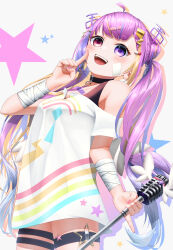 Rule 34 | 1girl, absurdres, bandaged arm, bandages, bandaid, bandaid on face, commission, heterochromia, highres, idol corp, microphone, microphone stand, multicolored hair, nail polish, open mouth, pink eyes, pink hair, purple eyes, riro ron, shirt, simple background, star (symbol), teeth, thighs, tongue, twintails, virtual youtuber, white background, wings