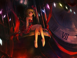 Rule 34 | 1girl, alternate costume, bad id, bad pixiv id, bare shoulders, barefoot, blonde hair, breasts, cage, cleavage, clock, corset, dress, female focus, flandre scarlet, no headwear, no headwear, red eyes, s.advent, short hair, side ponytail, sitting, small breasts, solo, touhou, wings