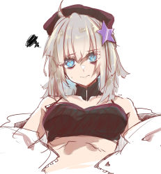 Rule 34 | 1girl, aa-12 (girls&#039; frontline), ahoge, bare shoulders, blue eyes, bra, closed mouth, e sky rugo, girls&#039; frontline, grey hair, hair ornament, hat, highres, jacket, looking at viewer, simple background, sketch, solo, squiggle, star (symbol), star hair ornament, underwear, upper body, white background