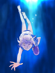 Rule 34 | 10s, 1girl, ahoge, air bubble, barefoot, bubble, diving, feet, hair ornament, i-58 (kancolle), kantai collection, long hair, mori (unknown.), outstretched arm, outstretched hand, pink hair, red eyes, school swimsuit, school uniform, serafuku, short hair, soles, solo, swimsuit, swimsuit under clothes, toes, torpedo, type 95 torpedo, underwater