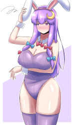 Rule 34 | 1girl, absurdres, alternate costume, animal ear headwear, animal ears, bare shoulders, blue bow, blush, bow, bowtie, breasts, cleavage, closed mouth, commentary request, crescent, crescent hair ornament, detached collar, fake animal ears, hair bow, hair ornament, highres, large breasts, leotard, long hair, patchouli knowledge, playboy bunny, purple eyes, purple hair, purple leotard, purple thighhighs, rabbit ears, red bow, red bowtie, simple background, solo, squiggle, strapless, strapless leotard, thighhighs, thighs, touhou, wrist cuffs, yonnini 422