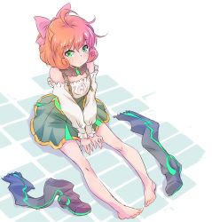 Rule 34 | 1girl, ahoge, bare legs, barefoot, boots, unworn boots, bow, commentary request, feet, freckles, frilled shirt, frills, green eyes, hair bow, iesupa, messy hair, neon trim, orange hair, penny polendina, rwby, shirt, sitting, solo, thigh boots, thighhighs