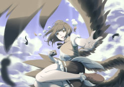 Rule 34 | 1girl, :d, bad id, bad pixiv id, bird wings, black skirt, black wings, blurry, bobby socks, breasts, brown footwear, brown hair, camera, cloud, cloudy sky, commentary request, day, depth of field, eyebrows hidden by hair, falling feathers, feathered wings, feathers, floating hair, flying, foot out of frame, foreshortening, glint, hat, highres, holding, holding camera, light rays, medium breasts, open mouth, otomeza ryuseigun, outdoors, pantyhose, perspective, petticoat, pom pom (clothes), reaching, reaching towards viewer, red hat, shameimaru aya, shirt, short hair, skirt, sky, smile, socks, solo, sunlight, swept bangs, tassel, tokin hat, touhou, white shirt, white socks, wings, yellow eyes