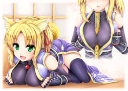 Rule 34 | 10s, 1girl, animal ears, between breasts, black gloves, black thighhighs, blonde hair, blush, breast press, breasts, covered erect nipples, dog days, fingerless gloves, flute, fox ears, gloves, green eyes, hair ribbon, head out of frame, highres, instrument, large breasts, long hair, open mouth, ponytail, red ribbon, ribbon, see-through, tail, thighhighs, uni8, wooden floor, yukikaze panettone