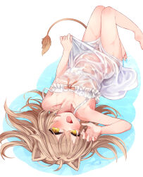 Rule 34 | 1girl, animal ears, claw pose, covered erect nipples, dress, festa11307070, flat chest, indie virtual youtuber, light brown hair, lion ears, lion girl, lion tail, long hair, looking at viewer, lying, on back, open mouth, rurudo lion, rurudo lion (1st costume), see-through, signature, smile, solo, tail, virtual youtuber, wet, wet clothes, white dress, yellow eyes