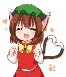 Rule 34 | 1girl, ^ ^, animal ears, bonnet, bow, bowtie, brown hair, cat ears, cat tail, chen, clenched hands, closed eyes, commentary, earrings, eyebrows, facing viewer, fang, frilled hat, frills, green hat, hat, heart, heart tail, jewelry, long sleeves, mob cap, open mouth, paw print, red skirt, red vest, shirt, short hair, single earring, skirt, smile, solo, suwa yasai, tail, touhou, vest, white background, white shirt, yellow bow, yellow bowtie
