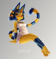 Rule 34 | 1girl, :&lt;, animal crossing, animal ears, animal nose, ankha (animal crossing), arm support, artist name, bare shoulders, barefoot, blue hair, blunt bangs, blurry, bob cut, body fur, breasts, cat ears, cat girl, cat tail, closed mouth, covered navel, depth of field, dress, feet, female focus, full body, furry, furry female, gradient background, grey background, hair ornament, half-closed eyes, highres, invisible chair, leg warmers, legs, legs together, looking to the side, nintendo, red eyes, short dress, short hair, sidelocks, signature, simple background, sitting, small breasts, snake hair ornament, solo, striped tail, tail, waspsalad, white dress, yellow fur