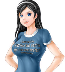 Rule 34 | 10s, 1girl, black hair, blue eyes, breasts, clothes writing, drawfag, grundy, hairband, hands on own hips, kumashiro maya, large breasts, long hair, seikimatsu occult gakuin, shirt, smile, solo, t-shirt, taut clothes, truth