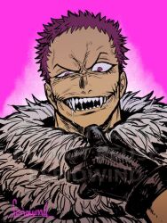 Rule 34 | 1boy, artist name, black gloves, charlotte katakuri, commentary, commission, english commentary, feriowind, fur scarf, gloves, male focus, one piece, open mouth, pink eyes, purple hair, saliva, sharp teeth, short hair, smile, solo, teeth, tusks