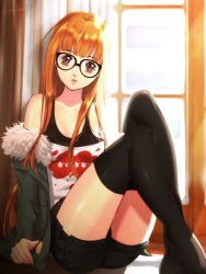 Rule 34 | 1girl, black-framed eyewear, black shorts, black thighhighs, blunt bangs, breasts, brown eyes, brown hair, cleavage, clothes down, coat, collarbone, esther shen, fur-trimmed coat, fur trim, glasses, green coat, head tilt, indoors, long hair, looking at viewer, open clothes, open coat, parted lips, persona, persona 5, print shirt, sakura futaba, shiny skin, shirt, short shorts, shorts, sideboob, sitting, sleeveless, sleeveless shirt, small breasts, solo, straight hair, thighhighs, very long hair