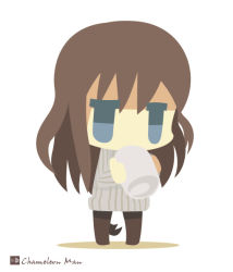 Rule 34 | 1girl, animal ears, artist name, bad id, bad pixiv id, black pantyhose, blue eyes, brown hair, chameleon man (three), chibi, cup, dog ears, dog tail, elizabeth f. beurling, flat color, holding, long hair, long sleeves, mug, no lineart, no mouth, pantyhose, ribbed sweater, simple background, solo, standing, strike witches, strike witches: suomus misfits squadron, sweater, tail, white background, world witches series