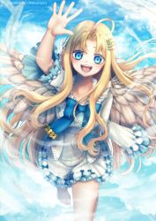 Rule 34 | 1girl, ahoge, angel wings, barefoot, bird wings, blonde hair, blue bow, blue eyes, bow, child, collarbone, dress, feathered wings, feathers, filo (tate no yuusha no nariagari), flat chest, frilled dress, frilled sleeves, frills, hair ornament, highres, long hair, long sleeves, okotte-neko, open mouth, smile, solo, straight hair, tate no yuusha no nariagari, teeth, white dress, white feathers, white wings, wide sleeves, wings