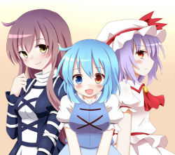 Rule 34 | 3girls, ascot, blue eyes, blue hair, blush, breasts, brooch, commentary request, dress, frown, gradient background, hachimi, hat, hat ribbon, heterochromia, high collar, highres, hijiri byakuren, jewelry, juliet sleeves, layered dress, long hair, long sleeves, looking at viewer, mob cap, multiple girls, open mouth, profile, puffy short sleeves, puffy sleeves, purple hair, red eyes, remilia scarlet, ribbon, short hair, short sleeves, simple background, skirt, skirt set, smile, tatara kogasa, touhou, v arms, yellow eyes
