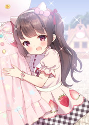 Rule 34 | 1girl, :d, animal ears, blurry, blurry background, blush, bow, bracelet, brown hair, chitosezaka suzu, commentary request, day, depth of field, dress, fake animal ears, food print, frills, hair bow, hairband, jewelry, long hair, one side up, open mouth, original, outdoors, pearl bracelet, pink bow, pink dress, plaid, print dress, puffy short sleeves, puffy sleeves, red bow, ribbon trim, short sleeves, smile, solo, sparkle, strawberry print, white hairband