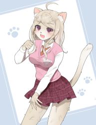 Rule 34 | 1girl, :d, ahoge, akamatsu kaede, animal ears, blonde hair, blush, breasts, cat ears, cat tail, collared shirt, commentary request, cowboy shot, danganronpa (series), danganronpa v3: killing harmony, eighth note, fortissimo, furry, furry female, grey background, hair ornament, highres, large breasts, long hair, long sleeves, looking at viewer, miniskirt, musical note, musical note hair ornament, necktie, open mouth, paw print, paw print background, pink vest, pleated skirt, purple eyes, raimone (nekokirinv3), school uniform, shirt, skirt, smile, solo, sweater vest, tail, vest, white background, white shirt