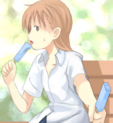 Rule 34 | 00s, 1girl, :o, :p, bad id, bad pixiv id, collarbone, collared shirt, enoki p, food, from side, holding, ice cream, incoming food, looking at viewer, misaka mikoto, popsicle, pov, profile, shirt, solo, sweatdrop, toaru majutsu no index, tongue, tongue out, white shirt