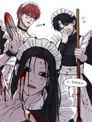 Rule 34 | 3boys, apron, black dress, black hair, blood, blood on face, blood on hands, blue eyes, broom, chrollo lucilfer, covering own mouth, crossdressing, dress, earrings, facepaint, facial mark, fingernails, frilled dress, frills, highres, hisoka morow, holding, holding broom, holding tray, hunter x hunter, illumi zoldyck, jewelry, kann 55, long hair, looking at viewer, maid, maid apron, maid day, maid headdress, male focus, multiple boys, reaching, reaching towards viewer, red hair, short hair, simple background, speech bubble, star (symbol), star facial mark, teardrop facial mark, teardrop tattoo, translation request, tray, white background, wristband, yellow eyes