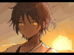 1boy arknights braid brown_eyes brown_hair closed_mouth dark-skinned_female dark_skin dated figmnts hair_between_eyes letterboxed male_focus smile solo thorns_(arknights) upper_body