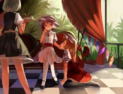 Rule 34 | 3girls, bad id, bad pixiv id, black thighhighs, cake, checkered floor, couch, crossed legs, cup, drinking glass, female focus, flandre scarlet, floor, food, grabbing another&#039;s chin, hand on another&#039;s chin, hat, head rest, high heels, izayoi sakuya, maid, mary janes, multiple girls, perspective, petticoat, remilia scarlet, shoes, sitting, smile, thighhighs, touhou, tray, wariza, white thighhighs, wine glass, wings, yasumo (kuusouorbital)