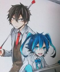 Rule 34 | 1boy, 1girl, :d, alternate costume, aqua hair, asahimachi, black eyes, black hair, black sweater, blazer, blue bow, blue bowtie, blue eyes, blue hair, blue sweater, bow, bowtie, closed mouth, commentary request, double-parted bangs, empty eyes, ene (kagerou project), facial mark, frown, gradient hair, grey jacket, hair between eyes, holding, holding stick, jacket, kagerou project, kisaragi shintarou, long bangs, long sleeves, looking at viewer, multicolored hair, necktie, open clothes, open jacket, open mouth, photo (medium), red necktie, shirt, sleeves past fingers, sleeves past wrists, smile, stick, sweater, teeth, traditional media, twintails, upper body, upper teeth only, v-neck, very long sleeves, white shirt