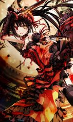 Rule 34 | 1girl, arm up, black hair, black thighhighs, choker, clock eyes, collarbone, date a live, detached sleeves, dress, dual wielding, floating hair, frilled dress, frills, garter straps, gothic lolita, gun, hairband, heterochromia, holding, holding gun, holding weapon, lolita fashion, lolita hairband, long hair, open mouth, outstretched arm, red eyes, red ribbon, ribbon, sleeveless, sleeveless dress, smile, solo, symbol-shaped pupils, thighhighs, tokisaki kurumi, twintails, very long hair, weapon, yellow eyes