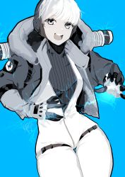Rule 34 | 1girl, absurdres, animification, apex legends, blue background, blue eyes, bodysuit, electricity, eyebrows hidden by hair, gloves, head tilt, highres, hood, hooded jacket, jacket, looking at viewer, monochrome, open bodysuit, open clothes, open hands, open mouth, ribbed sweater, shirasu uni, smile, solo, spot color, sweater, thigh strap, wattson (apex legends), white bodysuit
