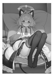 Rule 34 | 1girl, absurdres, animal ear headphones, animal ears, black thighhighs, blue archive, blunt bangs, blush, border, bow, cat ear headphones, cat tail, collared shirt, couch, dress shirt, fake animal ears, feet, frown, furrowed brow, greyscale, hair bow, half-closed eyes, halo, headphones, highres, jacket, knees up, leaning back, legs, long sleeves, looking at viewer, low twintails, momoi (blue archive), monochrome, multicolored clothes, multicolored jacket, necktie, no shoes, off shoulder, on couch, open clothes, open jacket, panties, pantyshot, pillow, pretty mundane, reclining, shirt, short necktie, sitting, sleeves past wrists, solo, striped clothes, striped panties, stuffed toy, tail, thighhighs, twintails, underwear, white border, wide sleeves